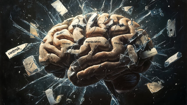 A visual of shattered glass in the shape of a human brain, with