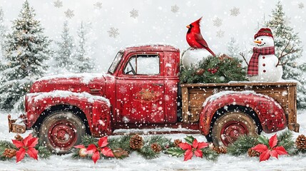 Wall Mural - red vintage truck carrying christmas tree and snowman during snowfall