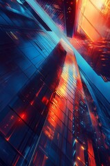 Poster - Conceptual design of a futuristic skyscraper, highlighted by neon lights and dynamic patterns.