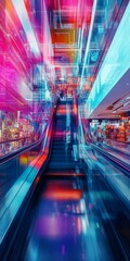 Wall Mural - A colorful, neon-lit cityscape with a long escalator