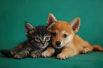 A playful kitten and a fluffy puppy cuddling on a green surface during a sunny afternoon