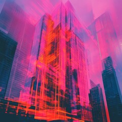 Canvas Print - Double exposure image of a synthwave skyscraper, showcasing neon colors and abstract urban designs.