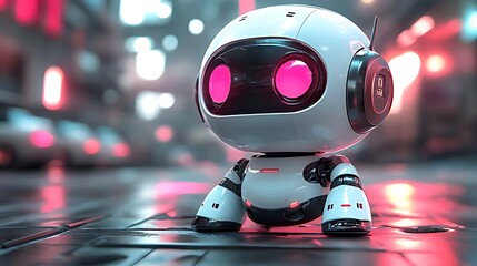 A small, white robot with pink eyes sits on a futuristic street. The background is blurred and features neon lights and cars.