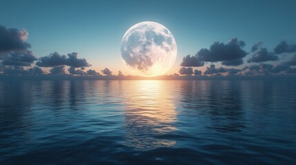 Wall Mural - a large full moon rises over a calm ocean, its light illuminating the sky and reflecting on the wate