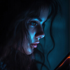 Wall Mural - close up of a young mixed race woman . in the dark, with a slight bokeh background behind her, her face is lit by the faint blue light of her phone that shes looking at with deep interest