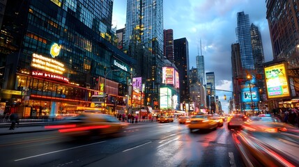 Captivating Nighttime Cityscape with Glowing Neon Lights Busy Traffic and Illuminated High Rise Buildings in a Vibrant Metropolitan Setting