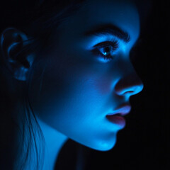 Wall Mural - close up of a young mixed race woman . in the dark, with a slight bokeh background behind her, her face is lit by the faint blue light of her phone that shes looking at with deep interest