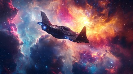 Wall Mural - A lone spaceship soars through a vibrant nebula, showcasing a breathtaking cosmic landscape.