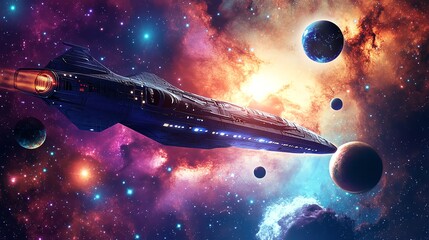 Wall Mural - a futuristic spacecraft, its engines blazing, flies through a vibrant cosmic landscape filled with s