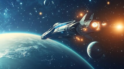 Wall Mural - a futuristic spaceship flies through a starry sky, past a planet and moon, with a bright star in the