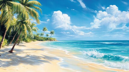 Wall Mural - A tropical beach with white sand, blue water, palm trees, and a bright sky.