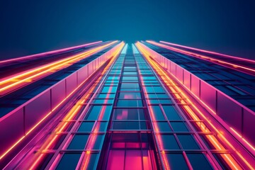 Wall Mural - Abstract conceptual image of a futuristic skyscraper, highlighted by dynamic neon lights and creative elements.