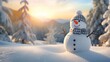 © tetxu - Merry christmas and happy new year greeting card with copy space.Happy snowman standing in winter christmas landscape.Snow background
