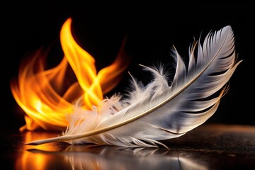 Close-up of a white feather on fire against black background, representing passion and transformation