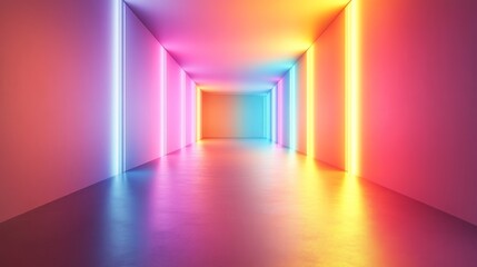 Poster - A modern corridor illuminated with vibrant neon lights in a gradient spectrum, creating a futuristic and colorful ambiance.