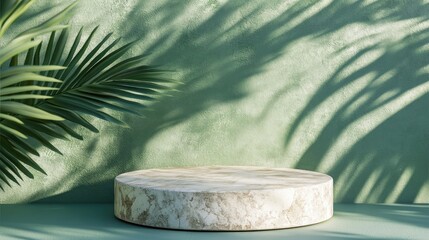 3D background featuring a stone display podium set against a soft green backdrop with palm shadows Ideal for showcasing beauty cosmetics in a tropical setting Studio rendered summer platform templ