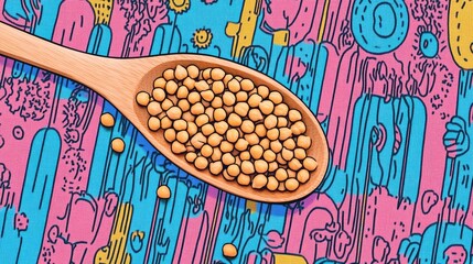Poster - Chickpeas In A Wooden Spoon On A Fabric Background Close Up