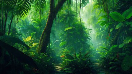 High quality deep tropical natural green jungles of southeast asia in august illustration background design.