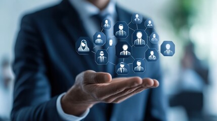 Poster - A business professional holds a digital network of interconnected people icons.