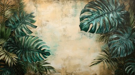 Poster - Artwork featuring lush tropical leaves against a textured worn backdrop