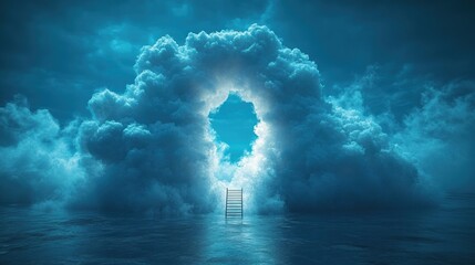Wall Mural - a ladder leads up through a hole in the clouds, surrounded by a sea of clouds and a glowing sky.