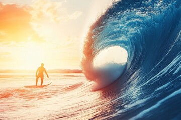 Wall Mural - surfer silhouetted against a majestic wave at sunset