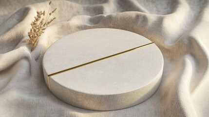 Poster - 3D rendering of a minimalist product display featuring a circular podium with a gold line on textured fabric viewed from above ideal for luxury cosmetic photography