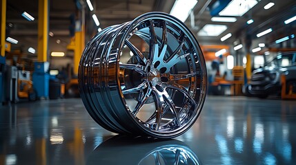 A shiny chrome car wheel sits on a concrete floor in an auto shop.