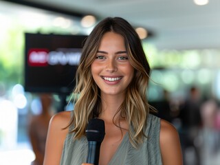 ai-generated image of a woman with blonde hair and a microphone is smiling. she is wearing a green t