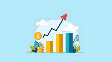 Flat design depicting an upward rising bar chart with an arrow symbolizing business growth financial success and positive economic trajectory