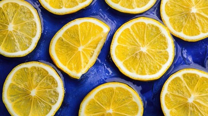Aufkleber - Bright yellow lemon slices arranged on a blue backdrop