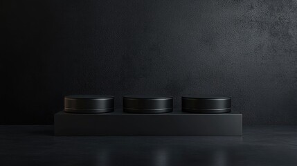 Aufkleber - Black triple podium on a dark background Minimalistic display for product showcasing 3D rendering Horizontal mockup