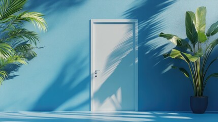 Poster - Blue themed door and window with plant concept Light background featuring ample copy space 3D rendering suitable for web pages presentations or picture frame backgrounds embodying a minimalist sum