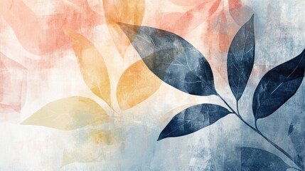 Aufkleber - Abstract painting of leaves featuring modern line art and watercolor stains Minimalist design ideal for home decor wall art and social media backgrounds