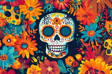 Wall Mural - A vibrant and colorful illustration of a Day of the Dead skull surrounded by bright flowers and intricate patterns on a dark background.