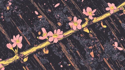 Aufkleber - Blooming branch with pink flowers on a rustic wooden surface