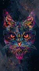 Wall Mural - Cat head in double exposure featuring colorful tribal ornaments.