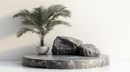 Aufkleber - 3D black palm on a stone and rock podium display Empty circular background Mockup for cosmetics or beauty product promotion Natural rough silver grey step pedestal Stylish minimalist banner 3D ren