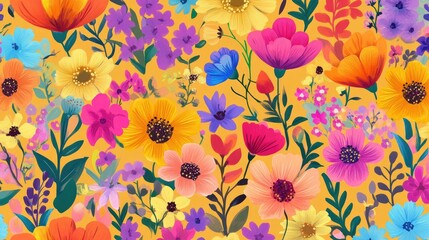 Aufkleber - A seamless pattern featuring various fantasy flowers in an abstract style against a vibrant backdrop ideal for a colorful 2D cartoon floral design Perfect for summer and spring themes