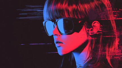 Aufkleber - 3D Render Abstract Futuristic Portrait Of Woman Vintage Glitch Pixel Noise Error Vibrant Gradient Red And Blue Color Noise Effect On Black Background Anime Manga Concept