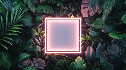 Aufkleber - 3D rendering of a white neon square light surrounded by tropical leaves showcasing a minimalist nature inspired design Flat lay composition