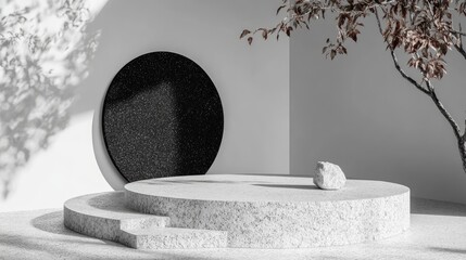 Aufkleber - Black and white stone patterned podium designed for product presentation mockup Abstract interior and geometric exhibition stage mockup concept 3D rendered illustration