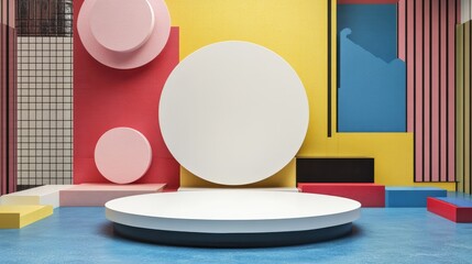Aufkleber - 3D render of abstract colorful geometric shapes featuring a blank product display mockup with an empty stage and a round white podium surrounded by assorted pink blue yellow and black blocks
