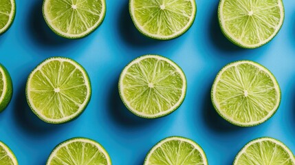 Poster - Bright green lime slices on a blue backdrop