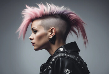 Portrait of a girl in a punk outfit with shaved-side hair, isolated white background.