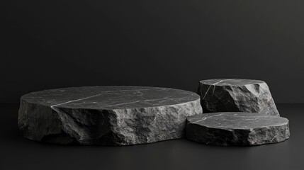 Aufkleber - 3D render illustration of stone and rock shapes Round podium and pedestal for product display Solid dark black color Mockup template for advertising design