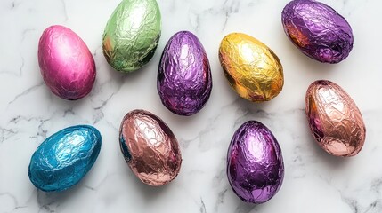 Poster - Colorful foil wrapped chocolate Easter eggs arranged on a marble surface