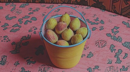 Poster - Chilled Figs in a Small Bucket on a Textured Wooden Surface Close Up