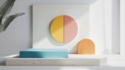 Aufkleber - 3D rendering of an abstract composition featuring geometric shapes on a white background designed for product presentation or mockup Minimalistic design with ample empty space and a colorful platf