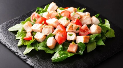 Poster - Chicken Salad with Croutons and Tomatoes on Black Stone with Leafy Greens